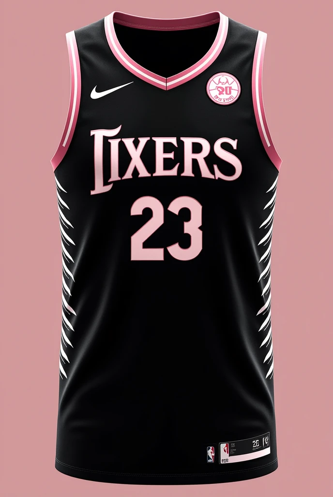 create a basketball jersey design with these details please:
team name: sixers
colors: whole black and hints of pink
looks: just small black line designs and white tribal lines at the side and add a little hints of sakura flower
font style: pink colored modern text
logos: no logo is fine
include a number also please