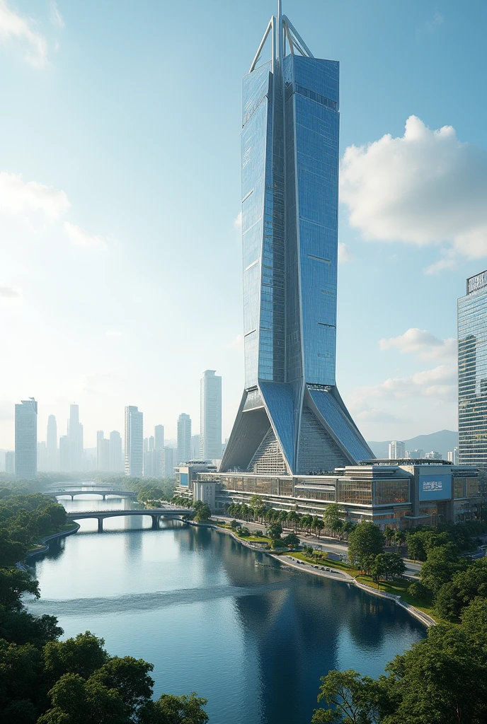 Futuristic Skyscraper 500m office residence mall lake bridge