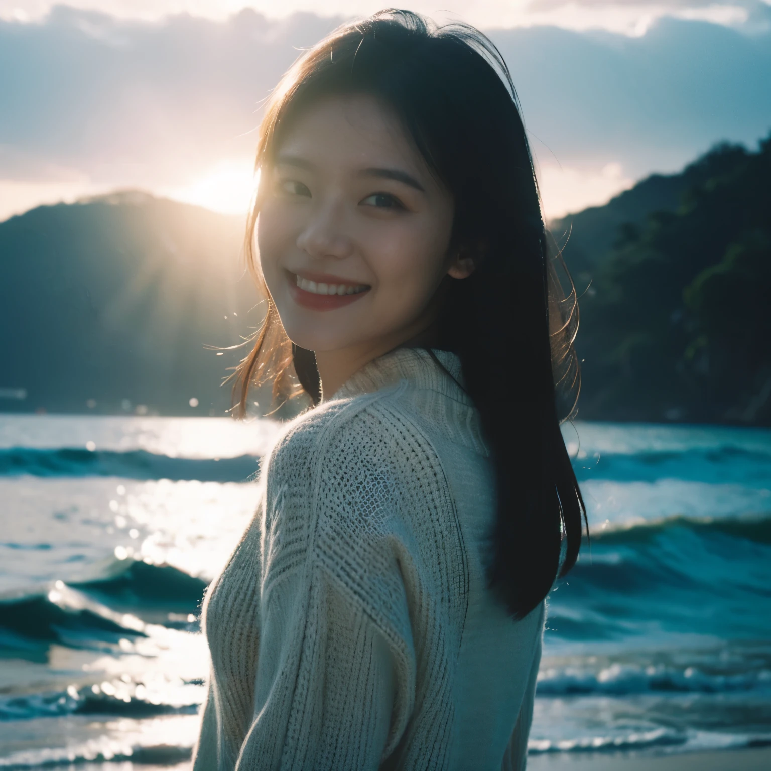 Best Quality,Masterpiece,Ultra High Resolution,(Realisticity:1.4),Original Photo,Cinematic Lighting,
1Girl,smile,backlighting,ocean,