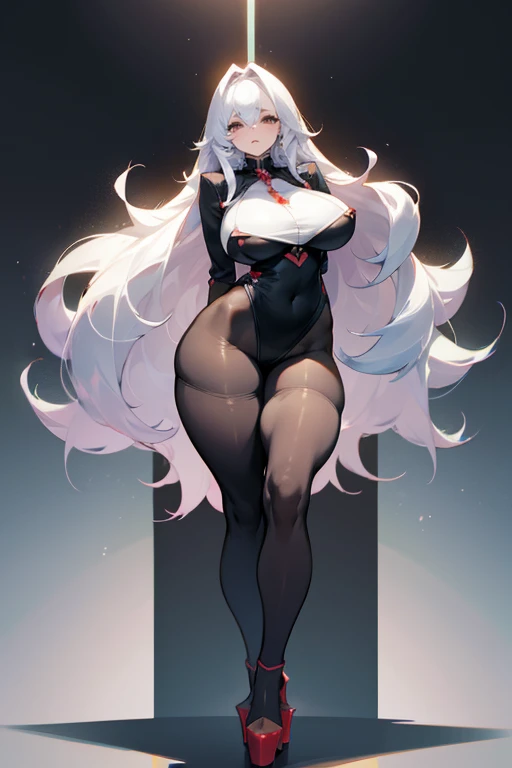 thick hips, thick thighs, platform heels, tigh dress, huge breast, thin waist, straight hair, pale skin, thick body, tight stockings,