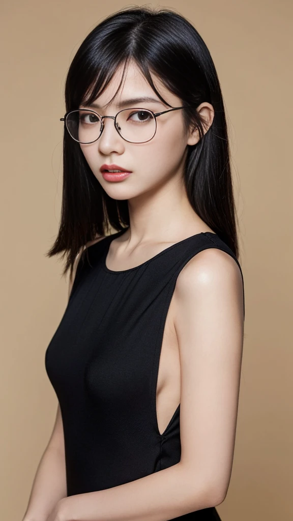 (Highest quality:1.5), (Real:1.4), (Ultra high definition:1.4), (No correction:1.4), (skinny Japanese woman with average size breasts standing front plain background in studio), (A woman wearing black-rimmed glasses), (Very small eyes), (breasts of average size), (Average height), (Cover your forehead with bangs), (Long black hair), (Dark personality expression), (Black dress), (black hair woman is standing with black one-piece front plain background in studio), (woman viewed from the front), (Plain background), (Cowboy Shot), (Cold expression), (upright), (A woman with long black hair and glasses), (Bangs that cover the forehead), (Sharp and tiny eyes)