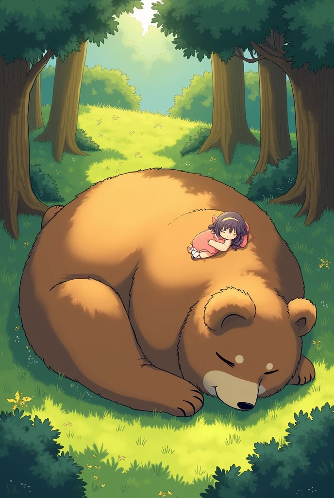 a fat giant brown bear sleeping belly up, a girl the size of a cat sleeping on the bear's belly, anime style illustration, super detailed, forest, lush green grass, tree shades, vibrant color, sun ray, top-down view