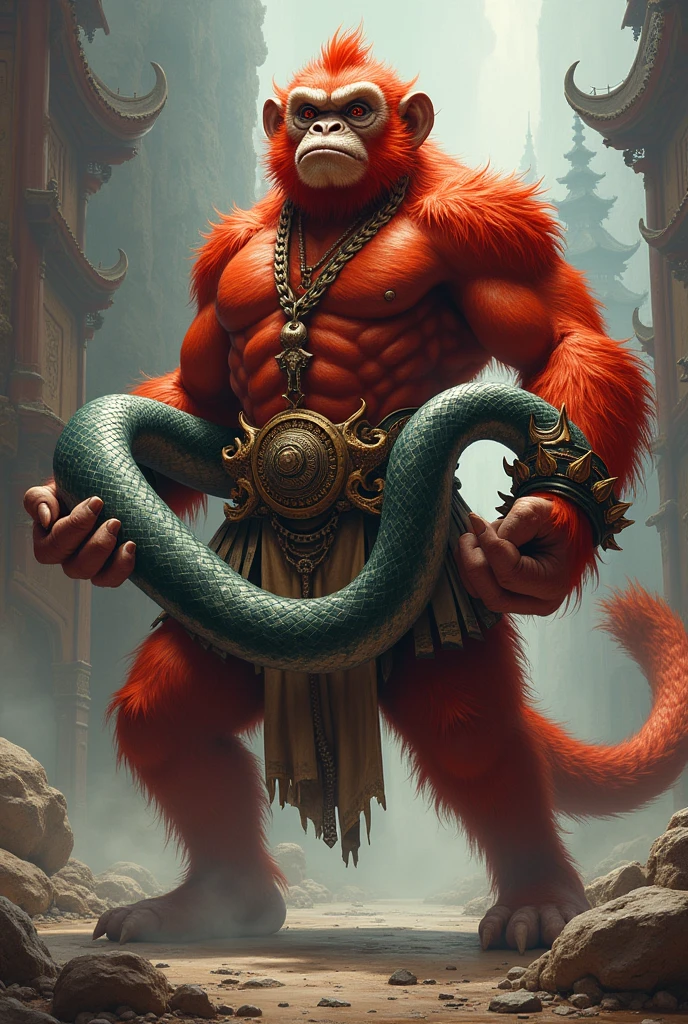 Red muscular monkey king with monster snake's