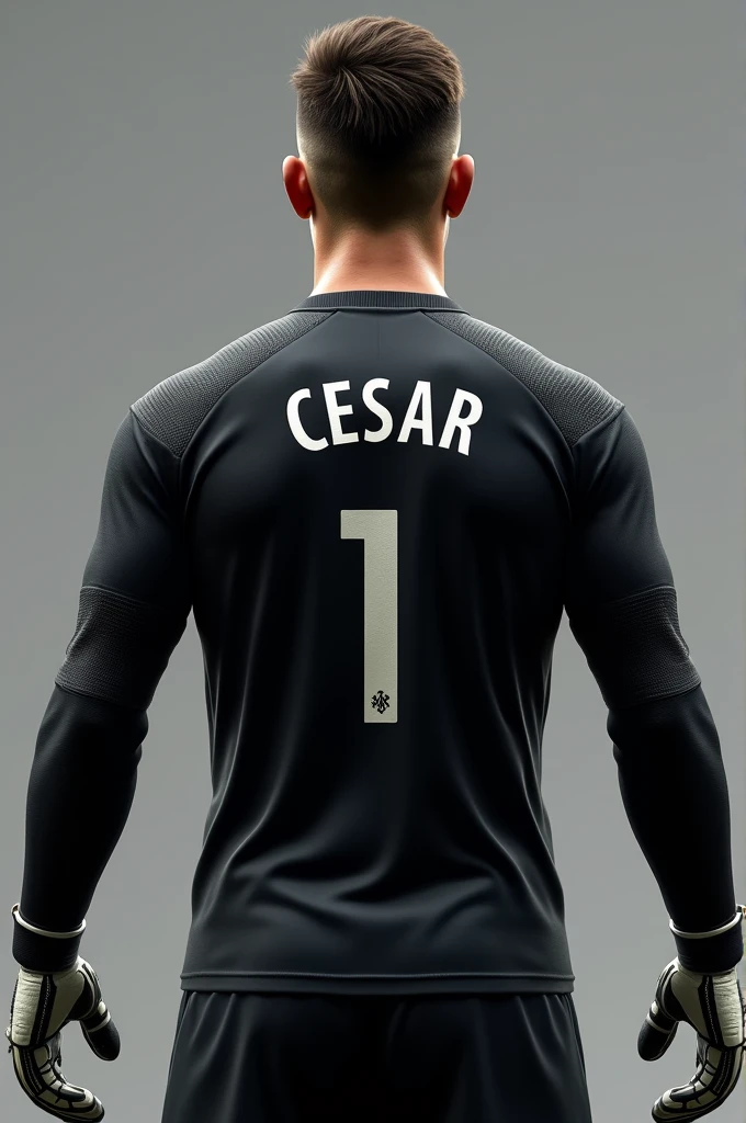 A super realistic goalkeeper with his back turned, with the name Cesar on the shirt and the 1, long-sleeved black shirt without the footballer&#39;s face being visible