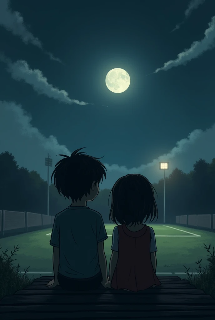 A boy and a girl sitting on a high bleacher of an old football pitch at night, with a single street lamp illuminating them from afar while the moon peeks through some clouds