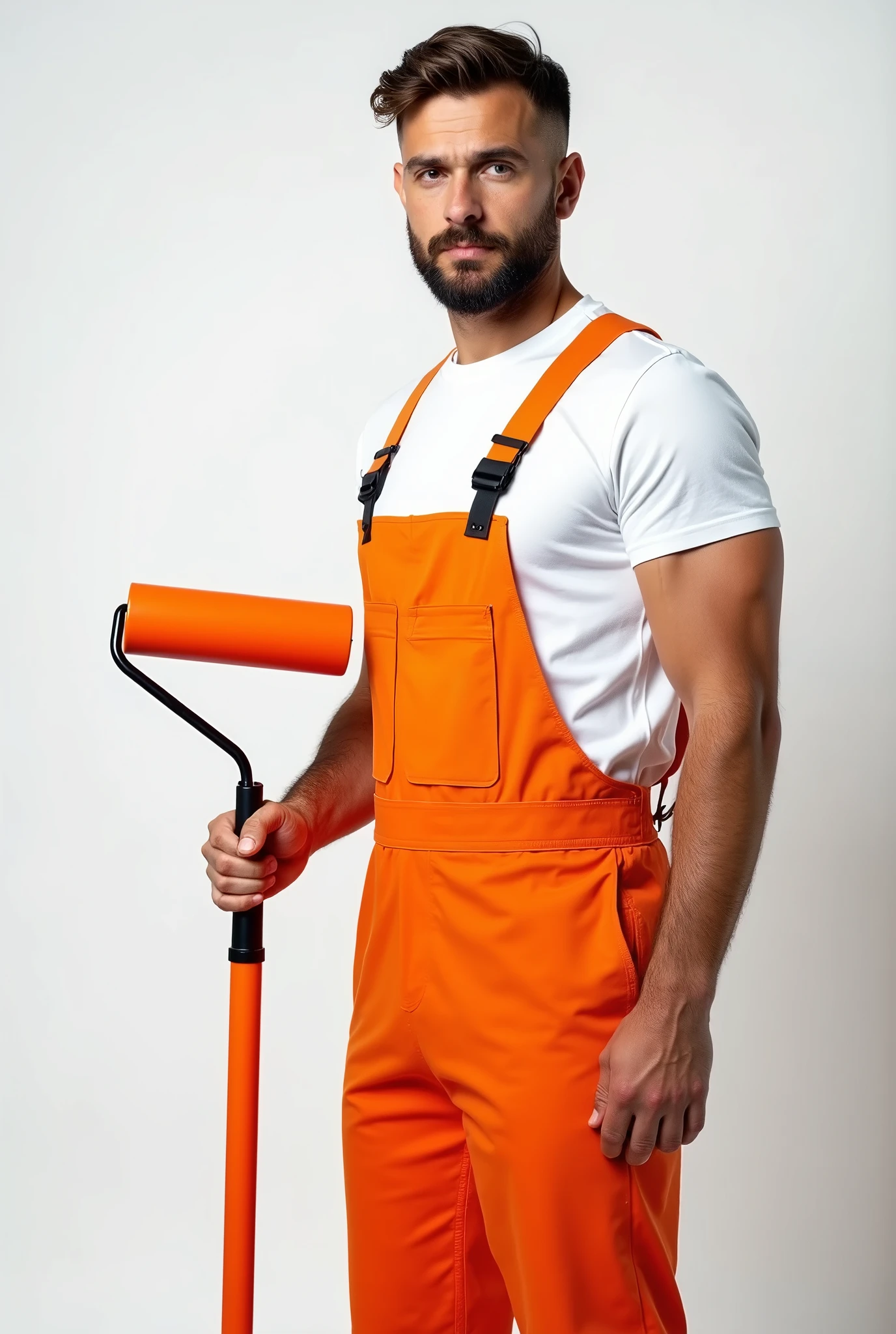 A man in a white T-shirt and orange construction overalls, holds an orange roller on a long handle in his hand, Studio Photography, studio lighting, realistic skin texture and detail, the man stands slightly sideways, background white uniform, The photo was taken from the waist up