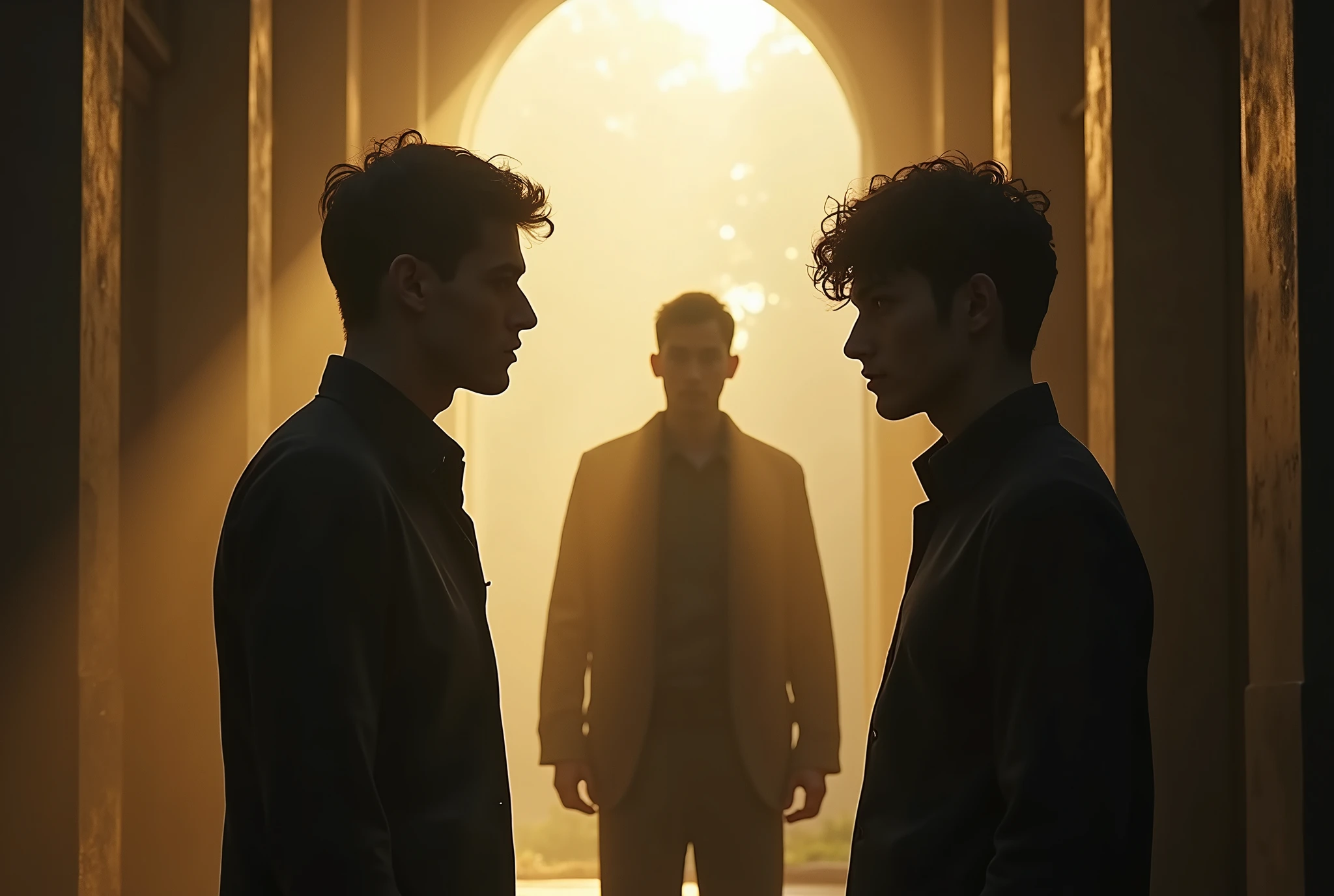 Two young men plan to search for the truth that has terrified them at
the university building. Two young men stand talking with the guard who is
guarding the building. The guard tells the two young men a scary story about
what has happened. The air is filled with sunlight and the bathroom mirror is still
covered with a black bag that hides the haunting. The expressions of the two men
face their fears and the truth as they prepare to meet their fate again.