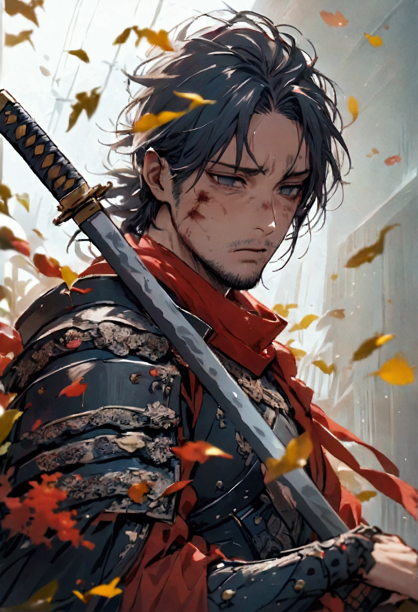 potrait intricate postures a samurai looks sad with a disappointed look on his face, his empty eyes look brooding, he is holding his katana, wearing black armor, cinematic, like in a movie, very detailed, low congtrast gray color, aura like full of disappointment, his face is full of wounds because he is ready from fighting who defeated his opponent, cinematic light from the side, sharp depth field towards his face. his body is full of wounds, leaves are flying with motion blur (i won but at what cost?)