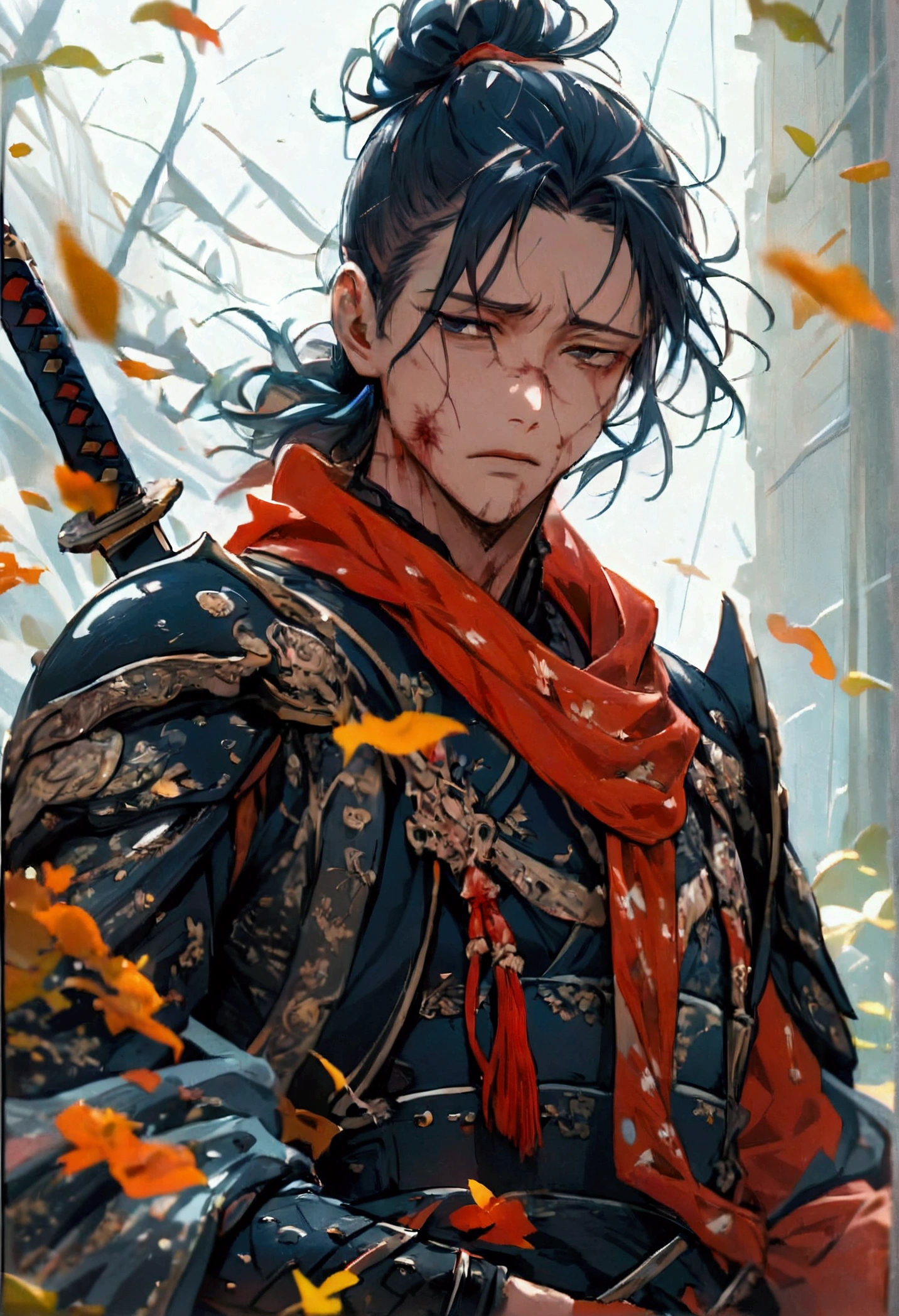 potrait intricate postures a samurai looks sad with a disappointed look on his face, his empty eyes look brooding, he is holding his katana, wearing black armor, cinematic, like in a movie, very detailed, low congtrast gray color, aura like full of disappointment, his face is full of wounds because he is ready from fighting who defeated his opponent, cinematic light from the side, sharp depth field towards his face. his body is full of wounds, leaves are flying with motion blur (i won but at what cost?)