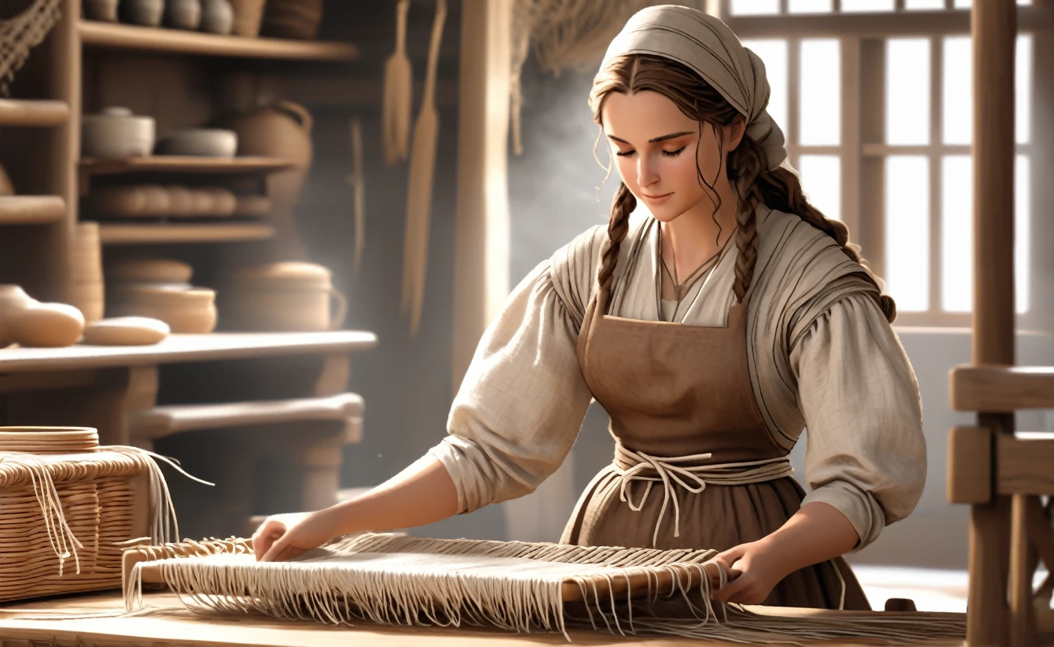 A woman named Jane Foster (Cloth Maker), 2, Long curly brown hair tied in a bun, Bright brown eyes, Long-sleeved linen dress, apron, and a headscarf, had Silver needle and thread, in front a small loom