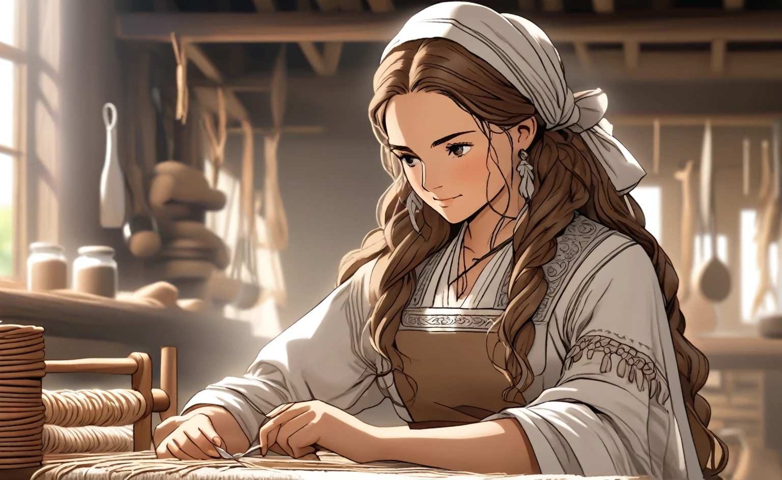 A woman named Jane Foster (Cloth Maker), 2, Long curly brown hair tied in a bun, Bright brown eyes, Long-sleeved linen dress, apron, and a headscarf, had Silver needle and thread, in front a small loom