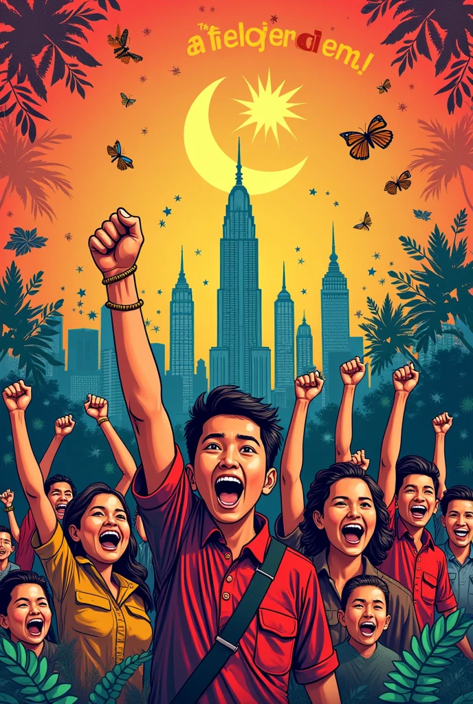 Malaysia Merdeka poster idea for competition. Color pencil. People shouting merdeka . Doodle