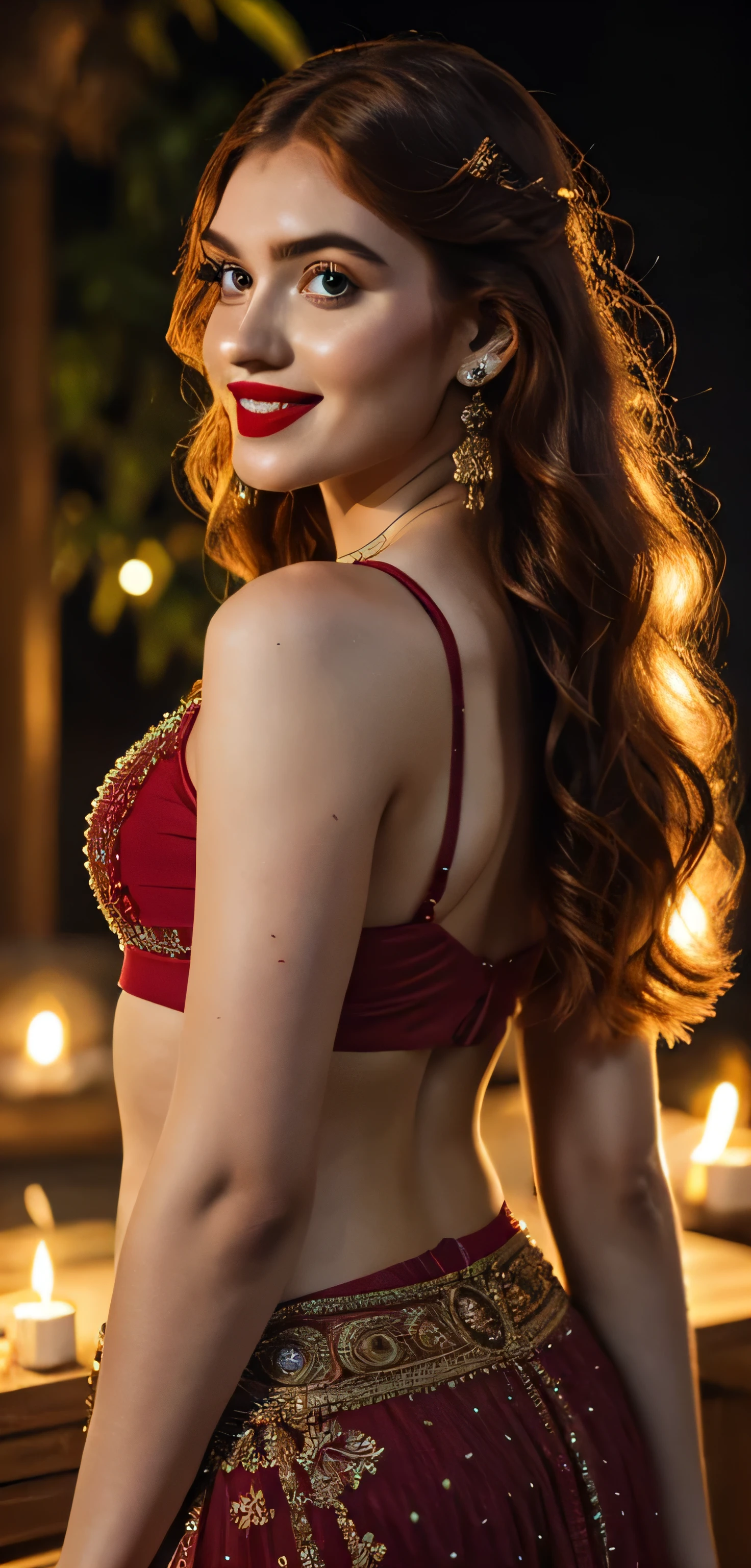 Russian Pornstar Jia lissa wear Indian dress, tattoo girl, (masterpiece Photography:1.3)  celebrating Diwali by lighting Diyas , wearing elegant Lehenga and Choli, (ravishing glossy wavy backlit hair), lots of diyas, (big intricate eyes:1.3), (bright smile:1.3) soft dramatic lighting, Diwali decorations, lanterns, fireworks in sky, backlit, light rays, highly detailed, trending on artstation,red lipstick, sexy bright face), (intricate detailing of face eyes nose mouth full lips & body parts), textured skin, smile:0.6, eyes symmetry, face symmetry, horny angry face,256K, HDR, hyper realistic, intricate detailing, yotta-pixel image, yocto-pixel detailing, super realistic,4k, HDR, detailed image, DSL camera photo. She is standing in wine shop, night bar