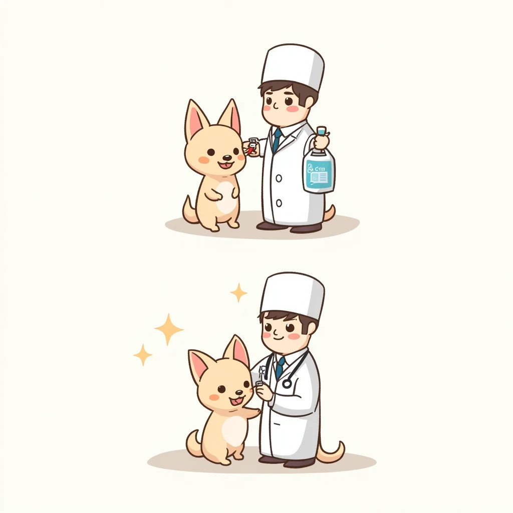 Chibi Style, 2-panel cartoon, dot halftone, Flat Color,Chihuahua having blood drawn by doctor,Chihuahuas are cream colored,smile,
