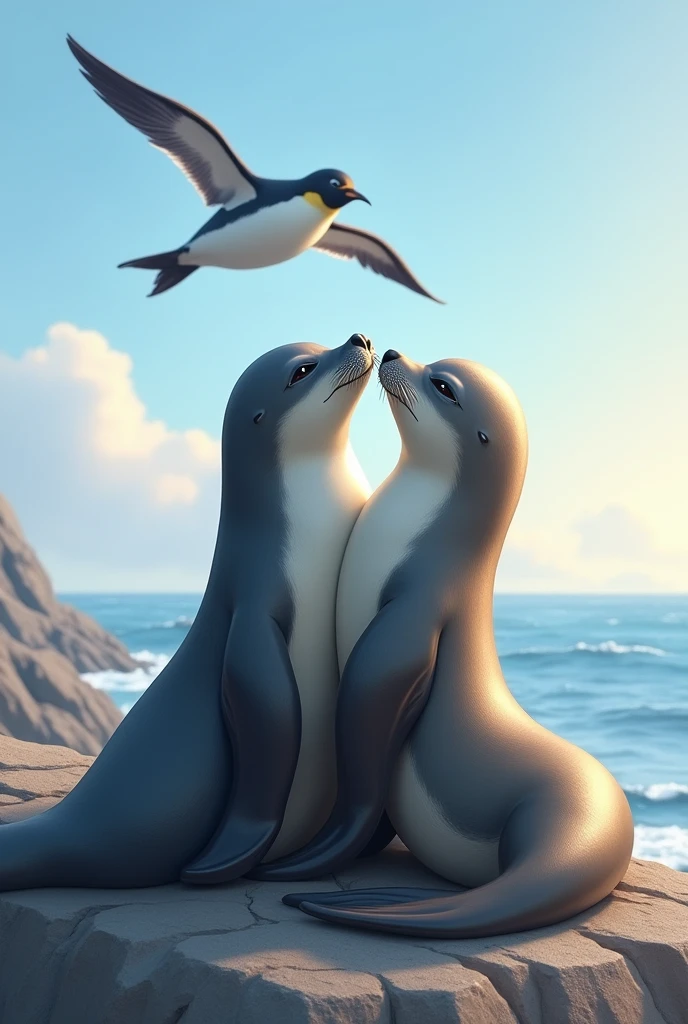 Make two seals looking in love while in the distance a penguin flies in the sky