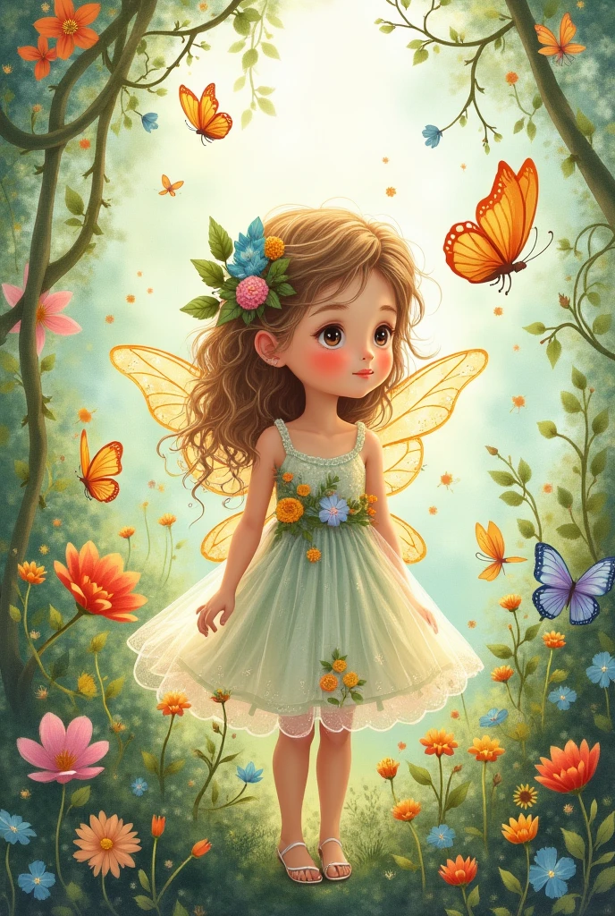 A beautiful girl in a fairy costume, surrounded by flowers and butterflies. Content: watercolor painting. Style: whimsical and delicate, like a children’s book illustration with handsome boy on a bad with under clothes