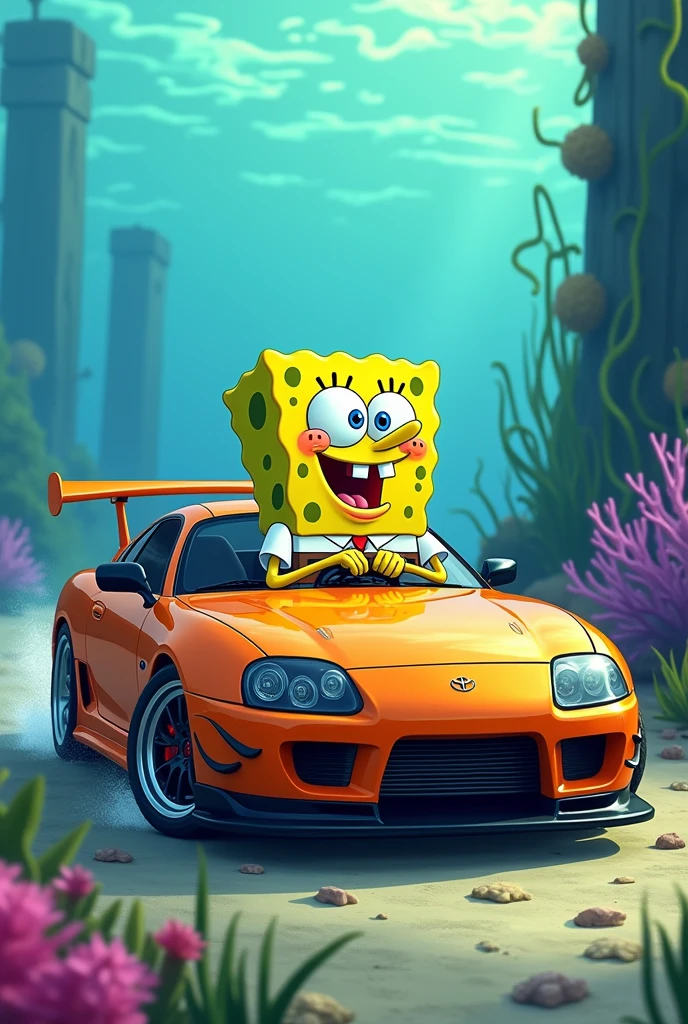 Spongebob driving a supra mk4