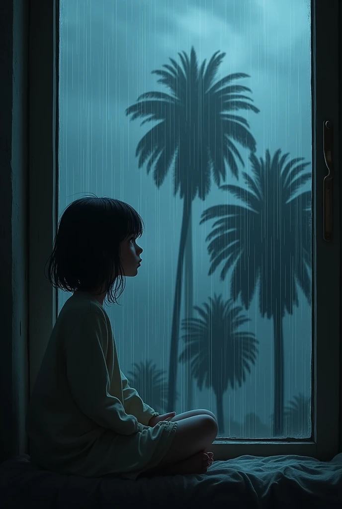 A girl, , alone , lokking out of window, heavy rain outside , strong wind, trees out side , the sky is blue