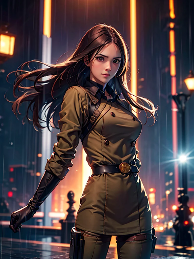 (at night), in a video game scene in the background a beautiful city at night raining, alone, alone, Standing at attention, pink suit, woman's military suit, semi-long hair, ((semi-long hair)), 1 girl, 20 years old, young woman, perfect hands, beautiful fingers, beautiful long legs, beautiful body, beautiful nose, beautiful character design, perfect face, looking straight at the viewer with a serious and angry gesture, she has a whip in her hands ( focusing on his face), closed mouth, light_smile, official art, Extremely detailed CG unity 8k wallpaper, Perfect lighting, bright and colorful front lighting, glowing skin (masterpiece: 1.0), (Best_quality: 1.0), ultra high resolution , 4k, ultra detailed photography, 8K, hdr, High resolution, Nonsense:1.2, Kodak portrait 400, film grain, Blurred background, bokeh:1.2, Lens flare, (vibrant_color:1.2), professional photography, (Beautiful, breasts: 1.4), (Beautiful_face: 1.5), (narrow waist),
