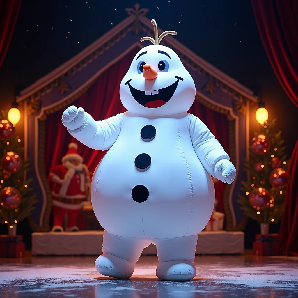 an actor with Inflatable Snowman custome  on a Christmas Show Stage, (Practical, RAW photos, Super Fine), Practical Light