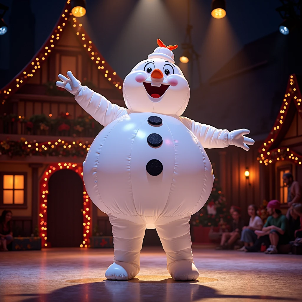 an actor with Inflatable Snowman custome on a Christmas Show Stage, (Practical, RAW photos, Super Fine), Practical Light