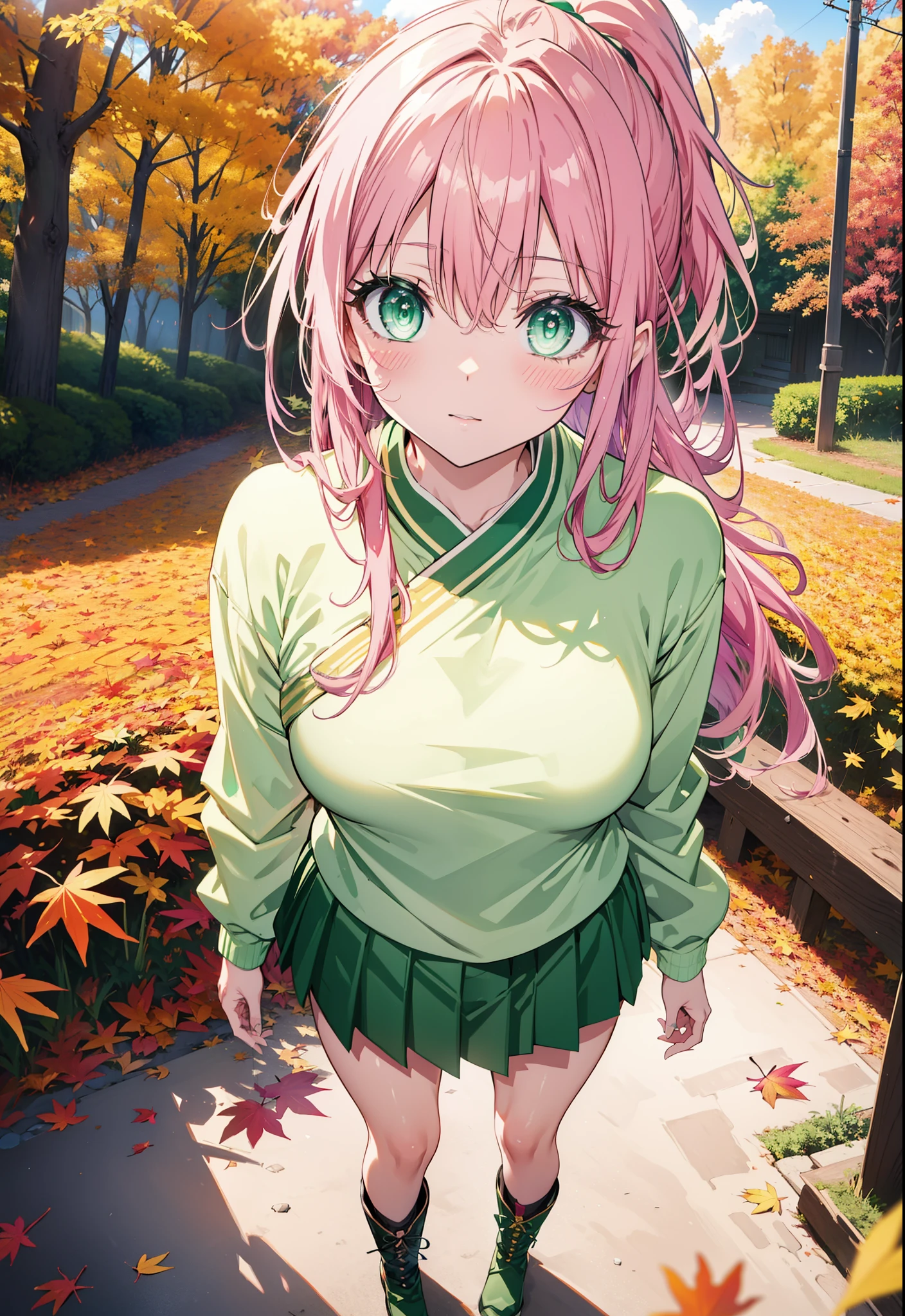 Laladevi Luke, Lara Deviluke, Long Hair, Pink Hair, tail, Ahoge, bangs, hair ornaments, (Green Eyes:1.5), smile,Open your mouth,ponytail,Open your mouth,blush,
break demon tail, One-shoulder sweater,mini skirt,black tights, short boots,autumn leaves,autumn leavesが散っている,autumn leavesが積もっている,Daytime,Clear skies,whole bodyがイラストに入るように,
break outdoors, forest,
break looking at viewer, whole body,
break (masterpiece:1.2), Highest quality, High resolution, unity 8k wallpaper, (figure:0.8), (beautiful detailed eyes:1.6), extremely detailed face, Perfect lighting, extremely detailed CG, (Perfect hands, Perfect Anatomy),