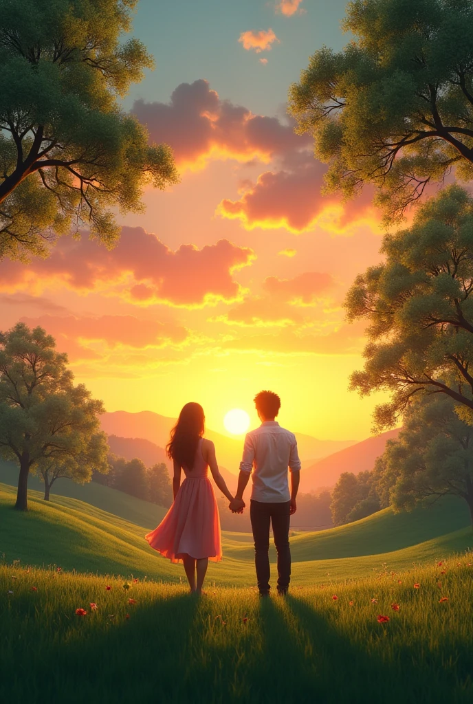 ( generates a couple watching the sunset in a green plan full of trees)