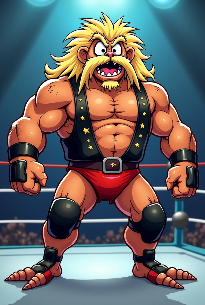 Cartoon Tarantula dressed like NWA wrestler Magnum TA.

Cartoon Tarantula head. Cartoon Tarantula face Cartoon Tarantula hands. Cartoon Tarantula chest. Cartoon Tarantula arms. Cartoon tarantula legs.

Bushy blonde mullet head hair. Blonde mustache. Muscular.

Red trunks. Red kneepads. Black leather vest. Standing in a wrestling ring.