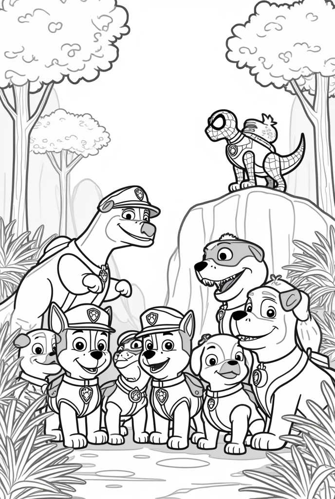 I want an image that contains the paw patrol,dinosaurs and spiderman together No color for a child to color it