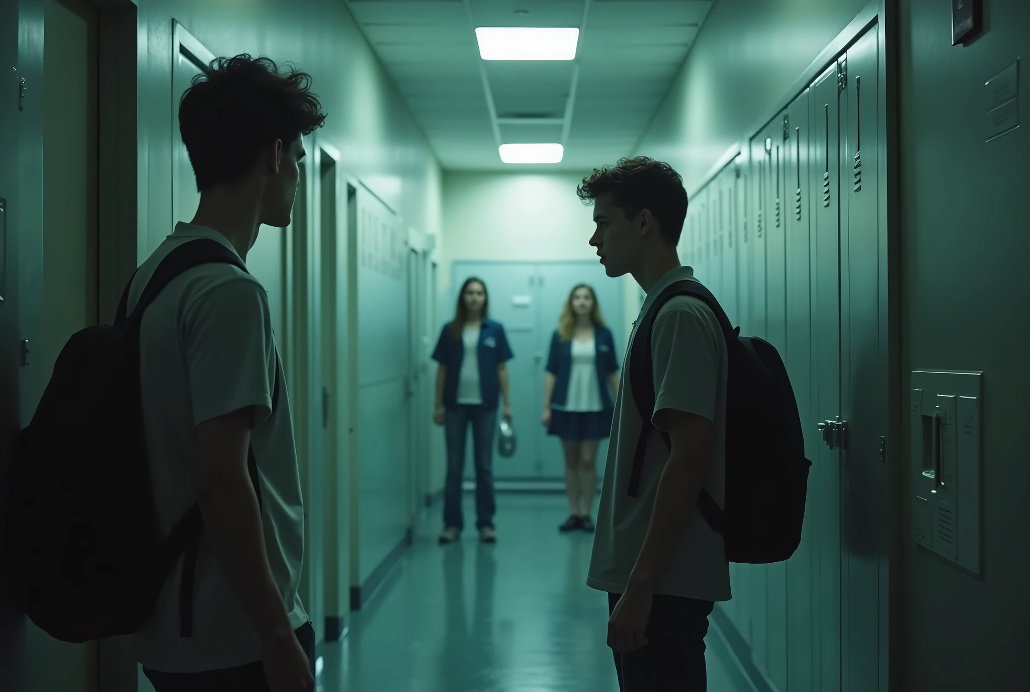 A bright and quiet university bathroom at dusk. Two young men unpack a black bag and are frightened by the ghost of a young girl in the mirror, so they have to flee back to their dorm. The security guard and a few students are working in a group and see the two young men running away in fear. The environment around the two young men is quiet, but their terrified expressions tell of the mysterious story they are about to uncover, the terrifying truth behind them