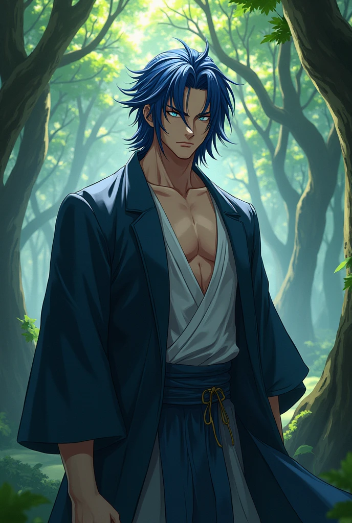 Strong dark blue haired adult male anime character in a forest