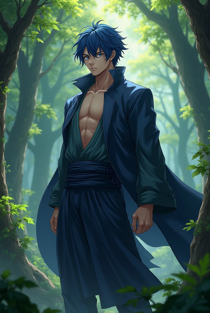 Strong dark blue haired adult male anime character in a forest

