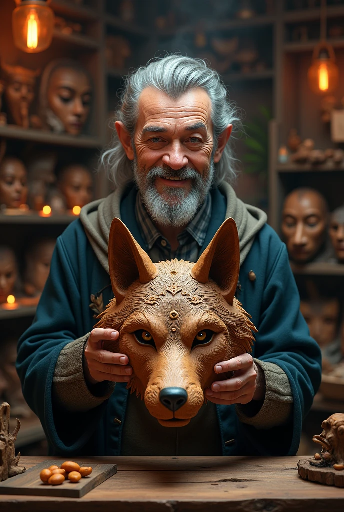 Mask shop . Shopkeeper  selling wolf wooden  mask 
