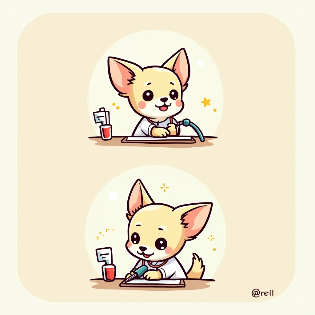 Chibi Style, 2-panel cartoon, dot halftone, Flat Color,Chihuahua getting a blood test,Chihuahuas are cream colored,smile, 
