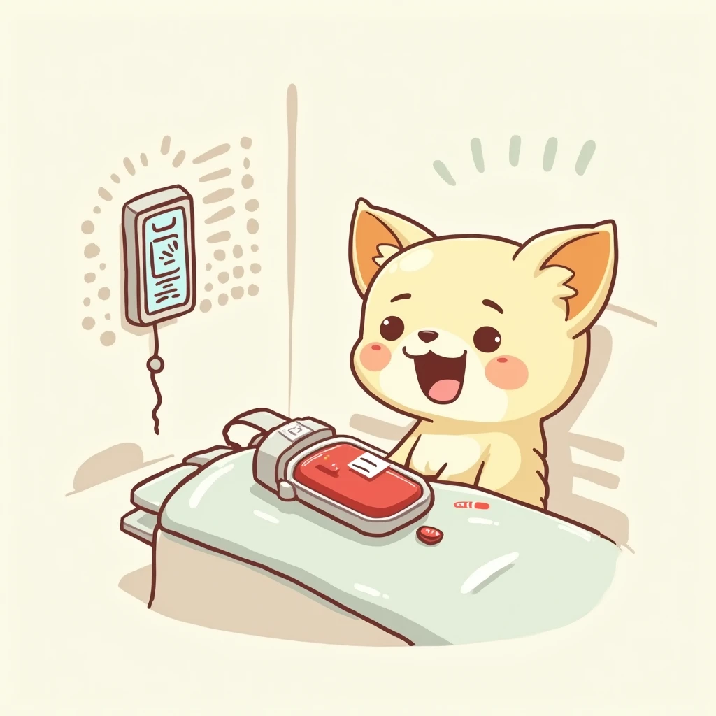 Chibi Style, 2-panel cartoon, dot halftone, Flat Color,Chihuahua getting a blood test,Chihuahuas are cream colored,smile,