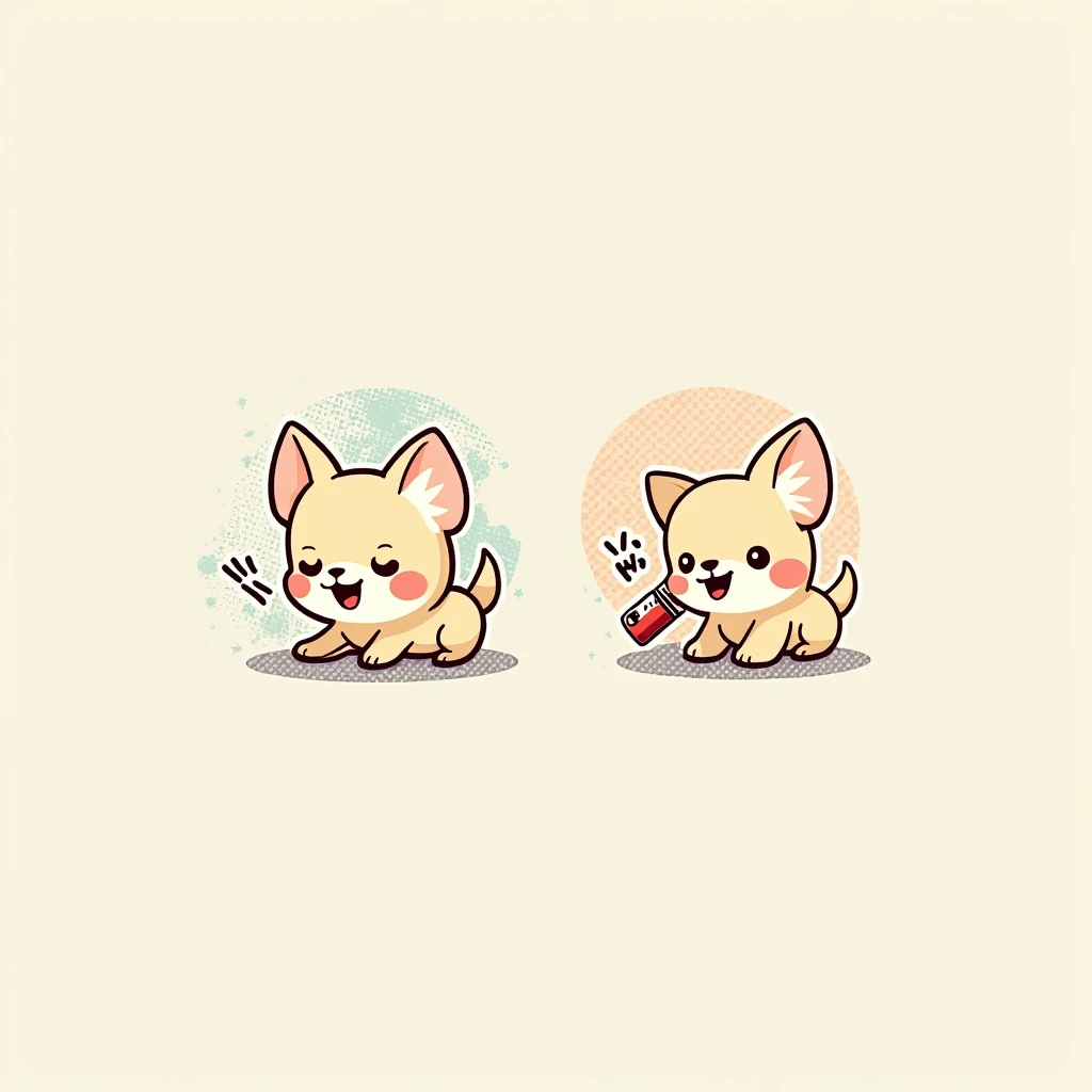 Chibi Style, 2-panel cartoon, dot halftone, Flat Color,Chihuahua getting a blood test,Chihuahuas are cream colored,smile,
