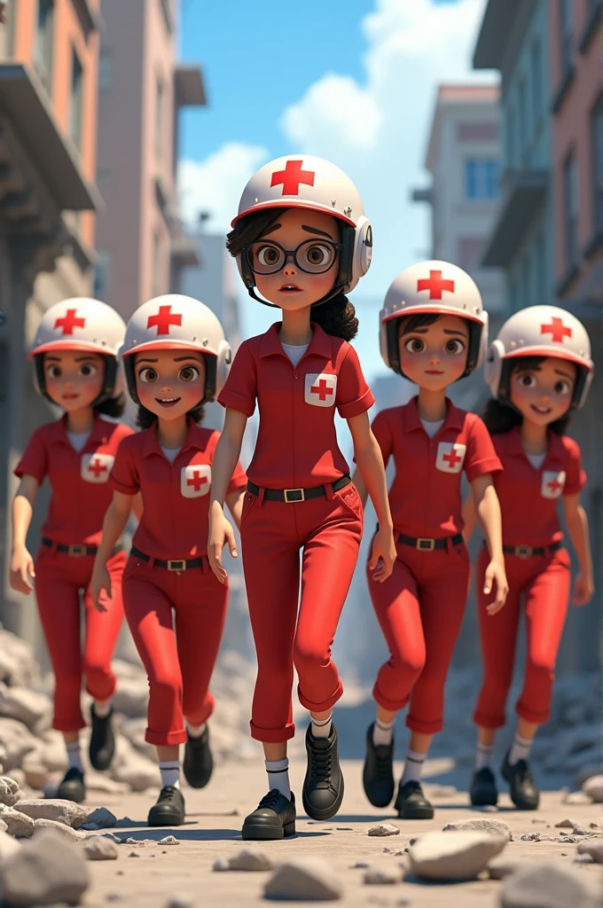 Make me animated characters of teenage boys and girls wearing red cross volunteer uniforms complete with helmets and stretchers.