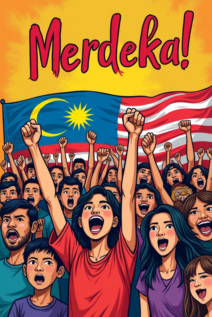 Malaysia Merdeka poster idea for competition. Color pencil. People shouting merdeka . Doodle simple