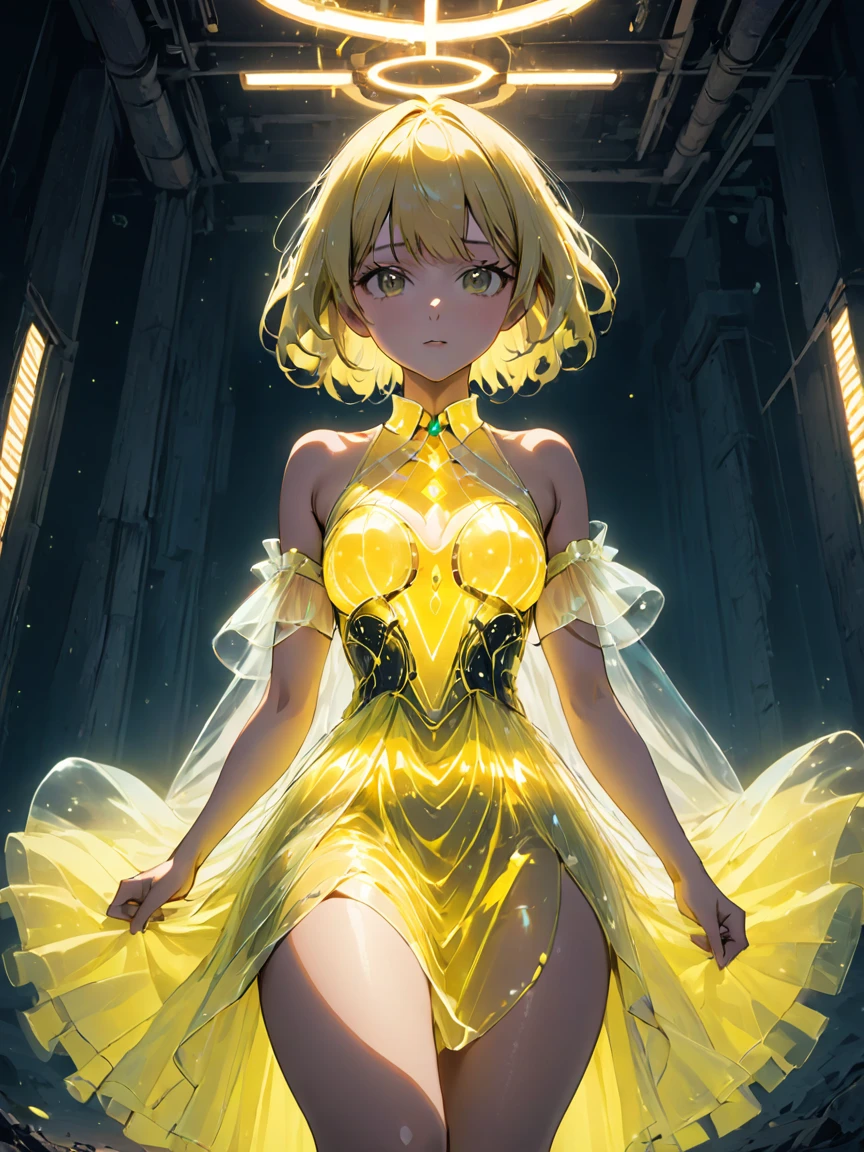 Dystopian style anime style beautiful woman wearing a Light Yellow (bioluminescent dress) The Underworld, Prone, Extreme Close-Up, . Bleak, post-apocalyptic, somber, dramatic, highly detailed, well endowed body