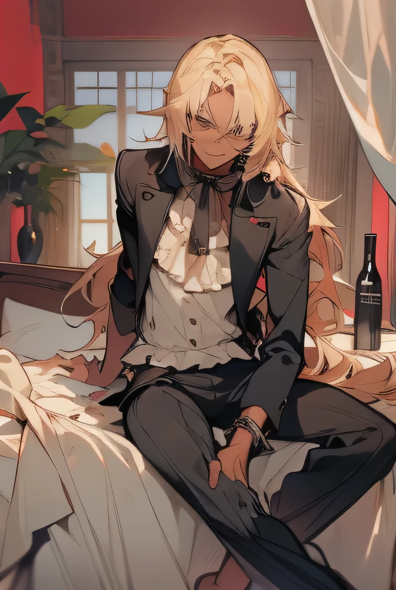 anime adult black man, male, long waist length bleached blonde hair, hair is waist length, long hair, hazel eyes,brown eyes, dark skin, lean build, Mid waist shot, sitting on edge of bed. Wearing black classical bellamy shirt with ruffles, with slacks. Masculine jawline. Has a sexually pleasured facial expression with a soft smile, smiling. Background is of an expensive bedroom with red colors with hints of green plants. Is holding a wine bottle, wine bottle in right hand, wine bottle