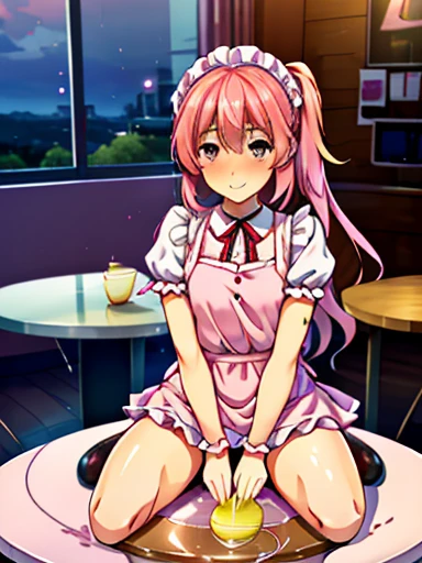 (from the front), Fisheye Lens, Beautiful 2, Curvy, Flat Chest, Small breasts，Underbust, (Kneeling on the round table), (On the table:1.5), (Leg spread), (Hot lemonade between my legs:1.3),Steam rising from hot lemonade， (Classic puffy short sleeve ruffled blouse), (Pink mini skirt), (Pink Maid Apron), (Button-down shirt), (Neck Ribbon Button Gap)+ Thighs, High heels, (View your viewers:1.5), (Embarrassing:1.3), (Smile), (vapor:1.3), (Girl trembling with sexual climax:1.3), Mid-length hair, Pink Hair, High Ponytail, Wavy Hair, Glowing Skin, (coffee shop), window, morning, (crowd:1.3), (masterpiece, Highest quality, High resolution:1.3), Perfect Anatomy，Used condoms scattered around、