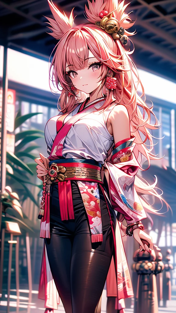 an oriental girl,Pink double ponytail long hair,Fox ears,bell headdress,Big breasts,Wearing Japanese Kimono,Chest bell jewelry,little foot bell jewelry,in front of buddhist temple,runner,4K