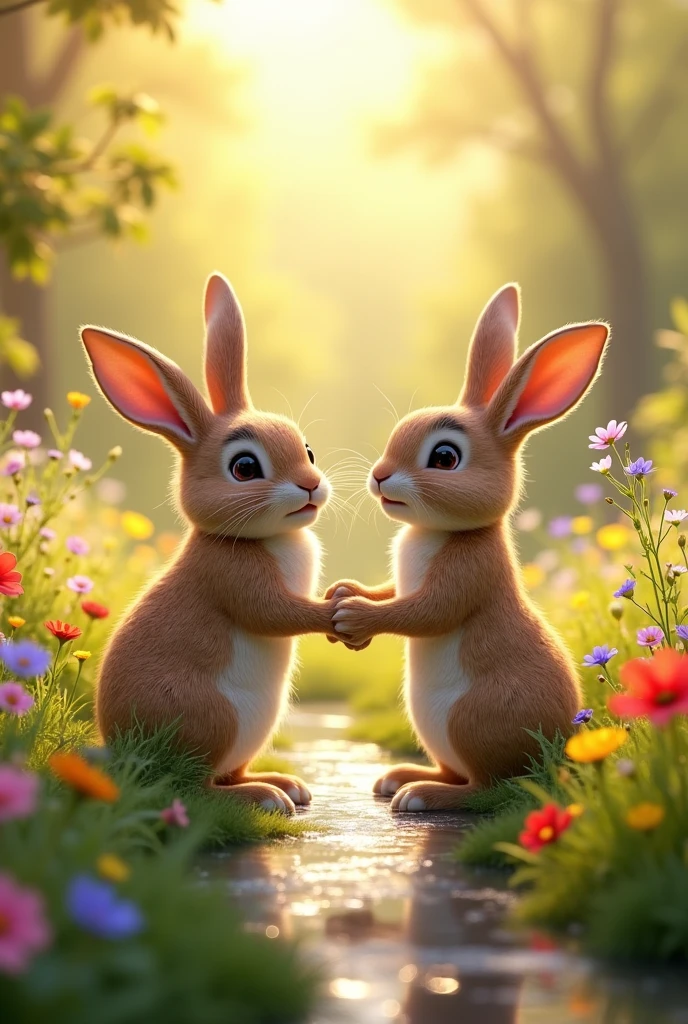 A bright, sunlit meadow filled with wildflowers of various colors. A small sparkling stream flows through it. And two rabbits holding hands paw
