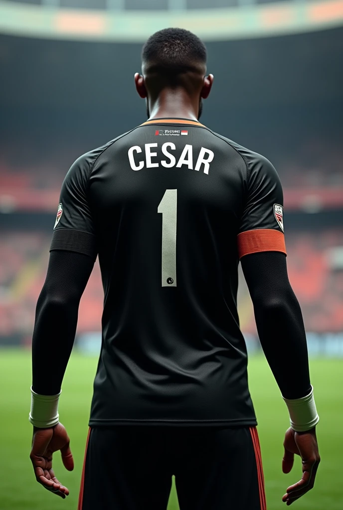 A super realistic goalkeeper with his back turned, with the name Cesar on the shirt and the 1, long-sleeved black shirt without the footballer's face being visible, skinny and dark