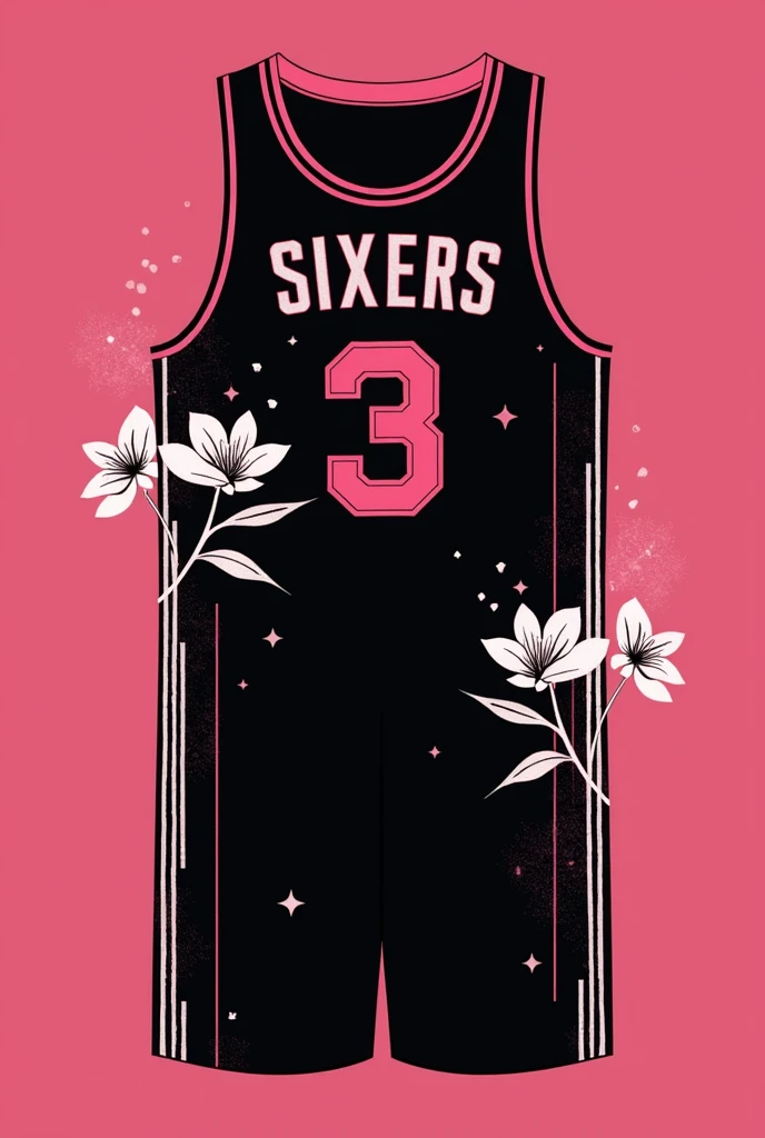 create a basketball jersey design with these details please:
team name: sixers
colors: whole black and hints of pink
looks: white tribal lines at the side and add a little hints of sakura flower and make the color just solid white
font style: pink colored modern text
logos: no logo is fine
include a number also please