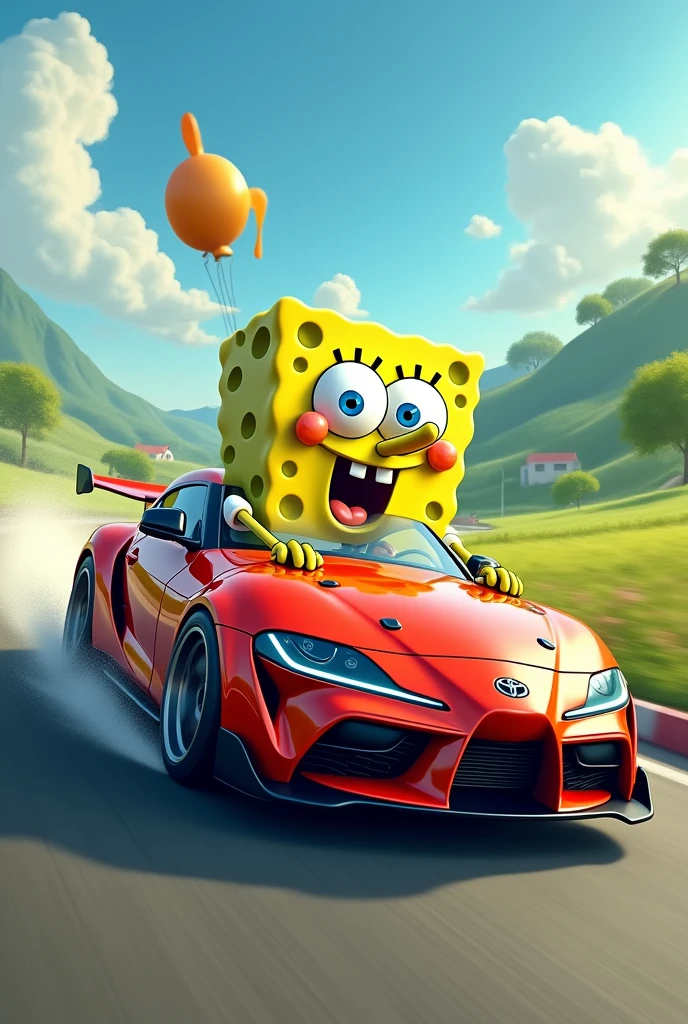 Sponge Bob driving a Supra MK4 on Earth