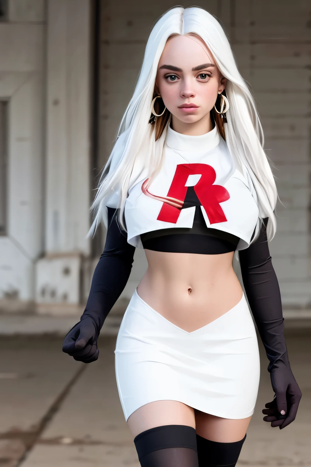 The face of billie eilish, 1girl, solo, team rocket,team rocket uniform,white skirt,red letter R,crop top,black thigh-highs,black elbow gloves, earrings, large breasts,