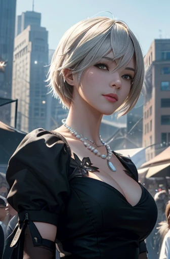 8k, ultra realistic, masterpiece, best quality, ultra detailed, beautiful face, beautiful skin, photorealistic, (professional lighting:1.2), nier_automata, 2B, light smile, pearl necklace, looking at viewer, cowboy shot, focus on face, ultra sharp, on street in business district, ultra detailed photo background, (((with the crowd)))