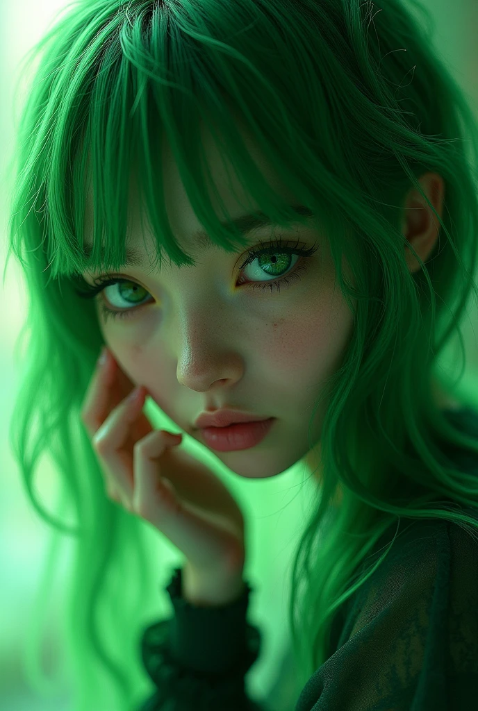 1girl, big green hair,with green eyes,greenskin, perfect lighting,hand on faces