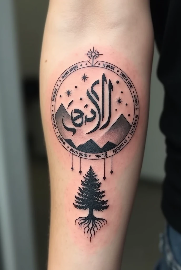 Tattoo Description:
Arabic calligraphy: the word "origin" ou "Family" in Arabic calligraphy, elegantly written in the center of the design. Ao redor dela, important names from your family tree could be included, like Nader, Council, in Attiyah, forming a circle or spiral to symbolize continuity and family connection.
Houran Mountains: A representation of the Houran Mountains in the background, stylized in soft, flowing lines, to give an artistic touch to the scene, destacando as raízes geográficas da sua Family.
Traditional Symbols: Incorporate an eight-pointed star and swirls that intertwine around the design, as a natural frame, symbolizing the richness of Arab culture and artistic tradition.
Simplified Family Tree: Place a stylized tree at the bottom of the design, with branches rising towards the top of the tattoo. The roots of the tree can blend with the calligraphy and symbols, representing the link between the past and the present.
Symbol of Unity and Strength: Include a small Lebanese cedar next to the family tree or in the mountains, to strengthen the connection with Lebanon.
Style and Size: I chose a style that mixes the traditional with the contemporary, using clean lines and details that don't overwhelm the design. As for the size, This design can be adapted to cover a larger area, like the arm or shoulder, but can also be reduced to fit on the forearm or back.